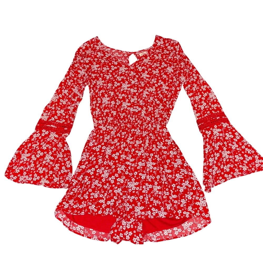 Hollister Womens Red Floral Long Sleeve Romper Bell Sleeve Boho Size Large